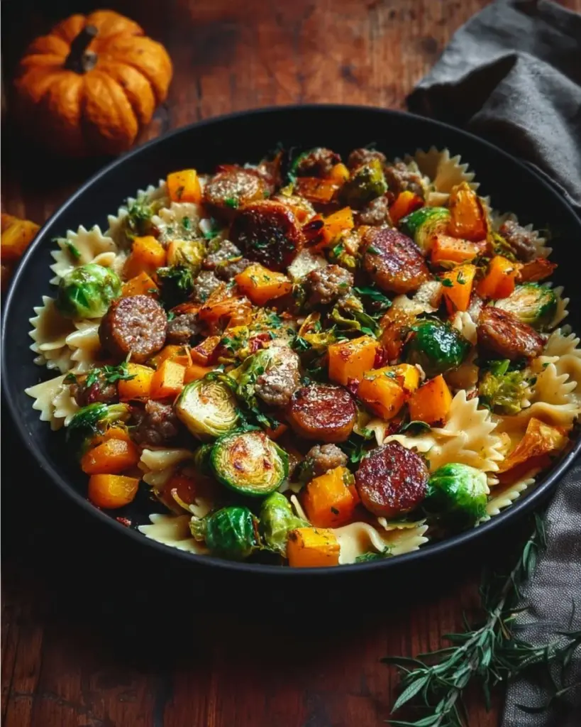 Autumn dinner plate with sausage, pasta, Brussels sprouts, and butternut squash
