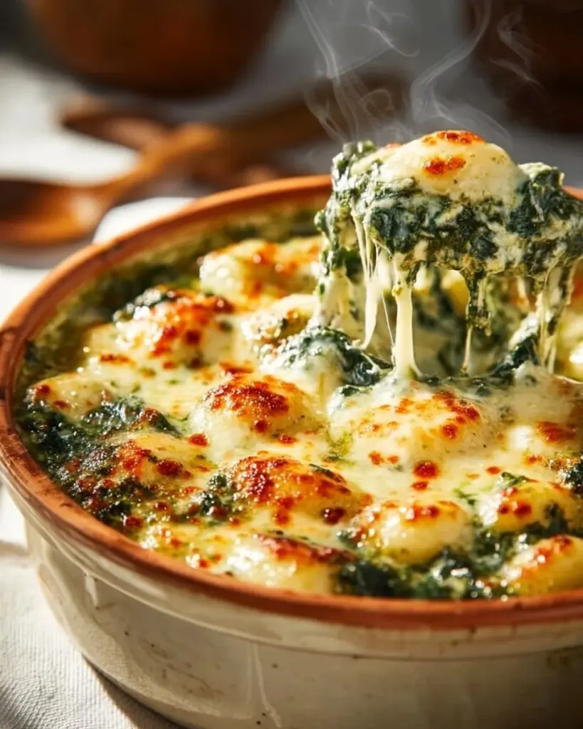 Baked gnocchi with pesto served in a bowl garnished with fresh basil