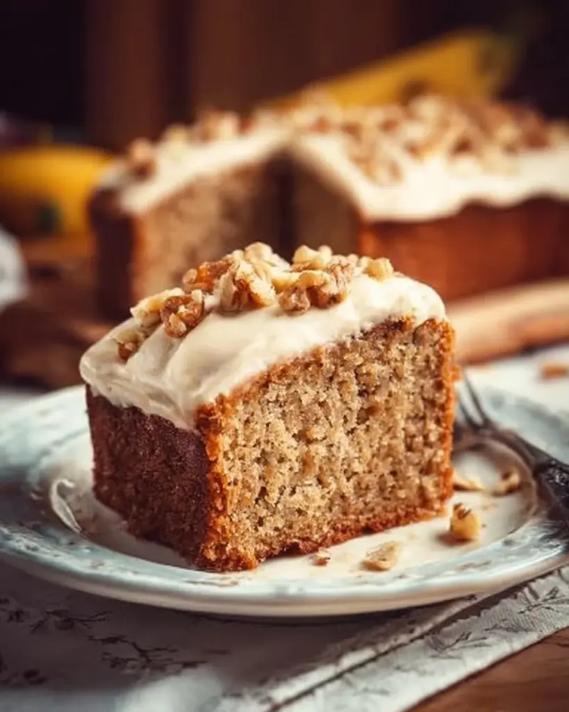 Delicious homemade banana cake with frosting on a rustic wooden table