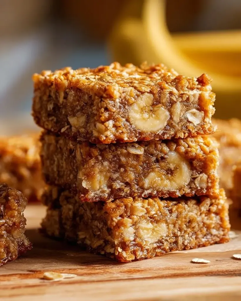 Homemade Banana Oatmeal Bars stacked on a wooden table