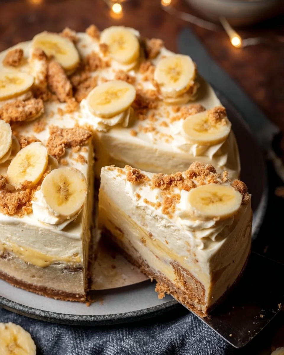 Delicious Banana Pudding Cheesecake topped with whipped cream and banana slices.