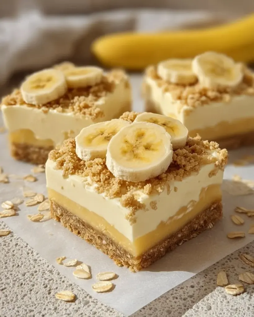 Delicious banana pudding cheesecake squares served on a plate