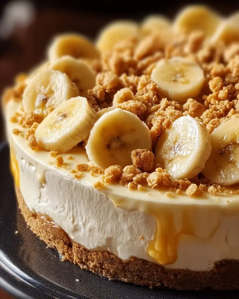 Delicious banana pudding crunch cheesecake slice with garnishes.