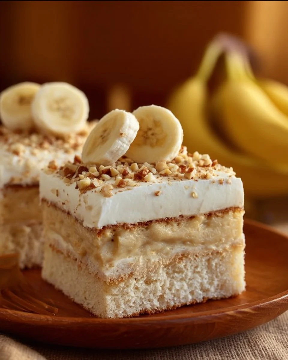 Delicious Banana Three Milks Cake soaked in three types of milk for a rich flavor