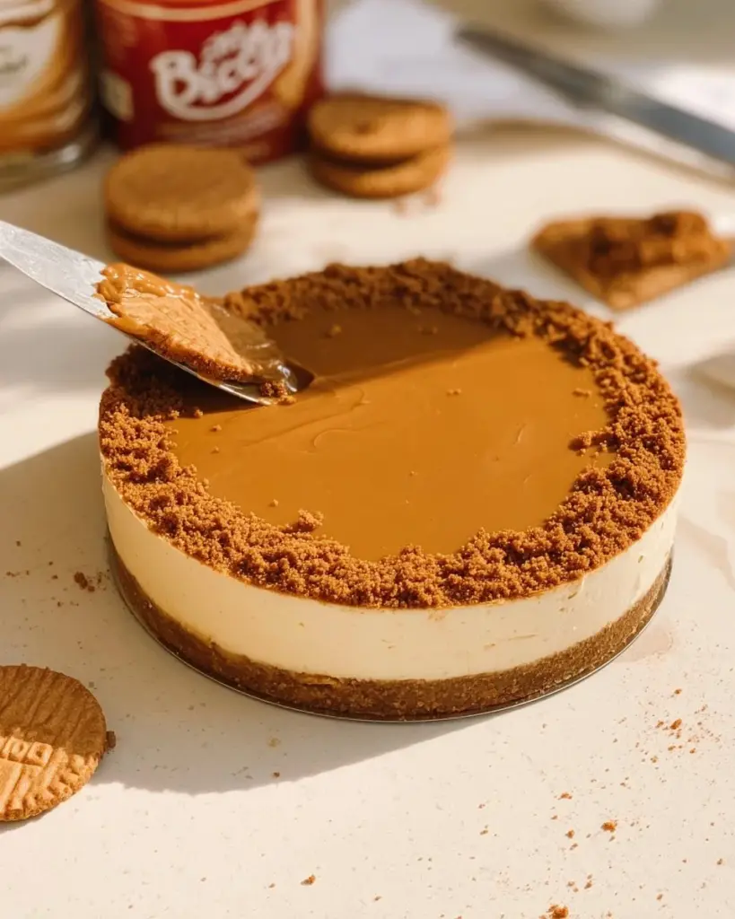 Delicious Biscoff Cheesecake topped with caramel crumbles and whipped cream