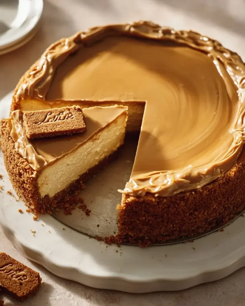 Delicious Biscoff Cheesecake slice topped with Biscoff crumbs