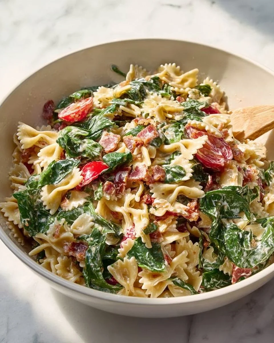Delicious BLT Pasta Salad with bacon, lettuce, and tomatoes in a creamy dressing.