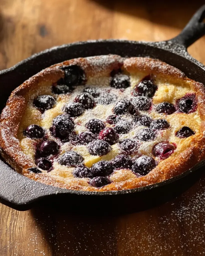 Fluffy Blueberry Dutch Baby served on a plate with fresh blueberries and powdered sugar.