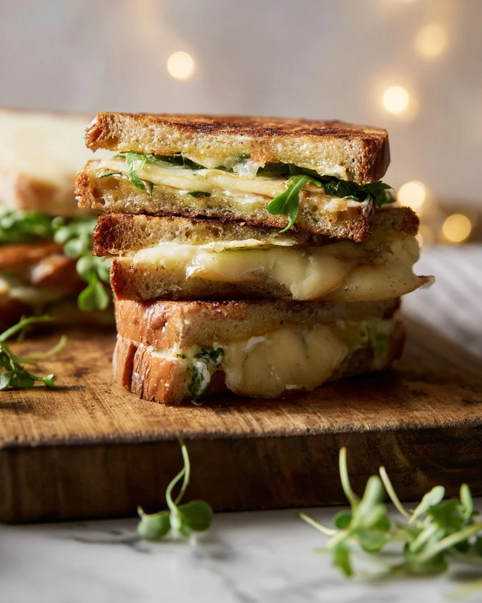 Brie and apple grilled cheese sandwich served with honey mustard sauce