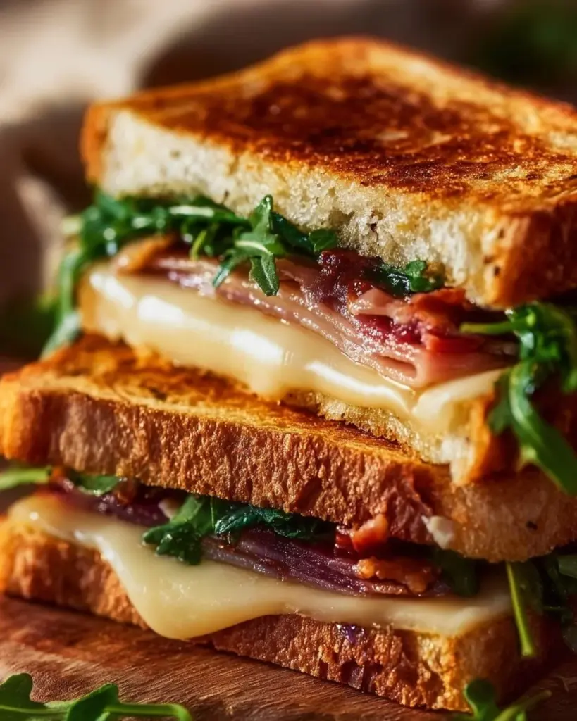 Brie and fig jam grilled cheese sandwich on a plate, golden and melty.