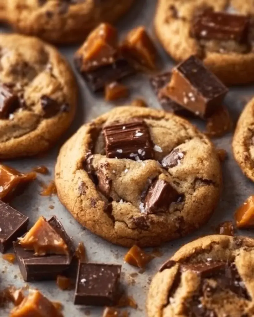 Homemade brown butter toffee cookies on a baking tray