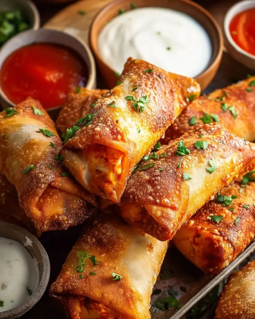 Crispy Buffalo Chicken Egg Rolls served with dipping sauce
