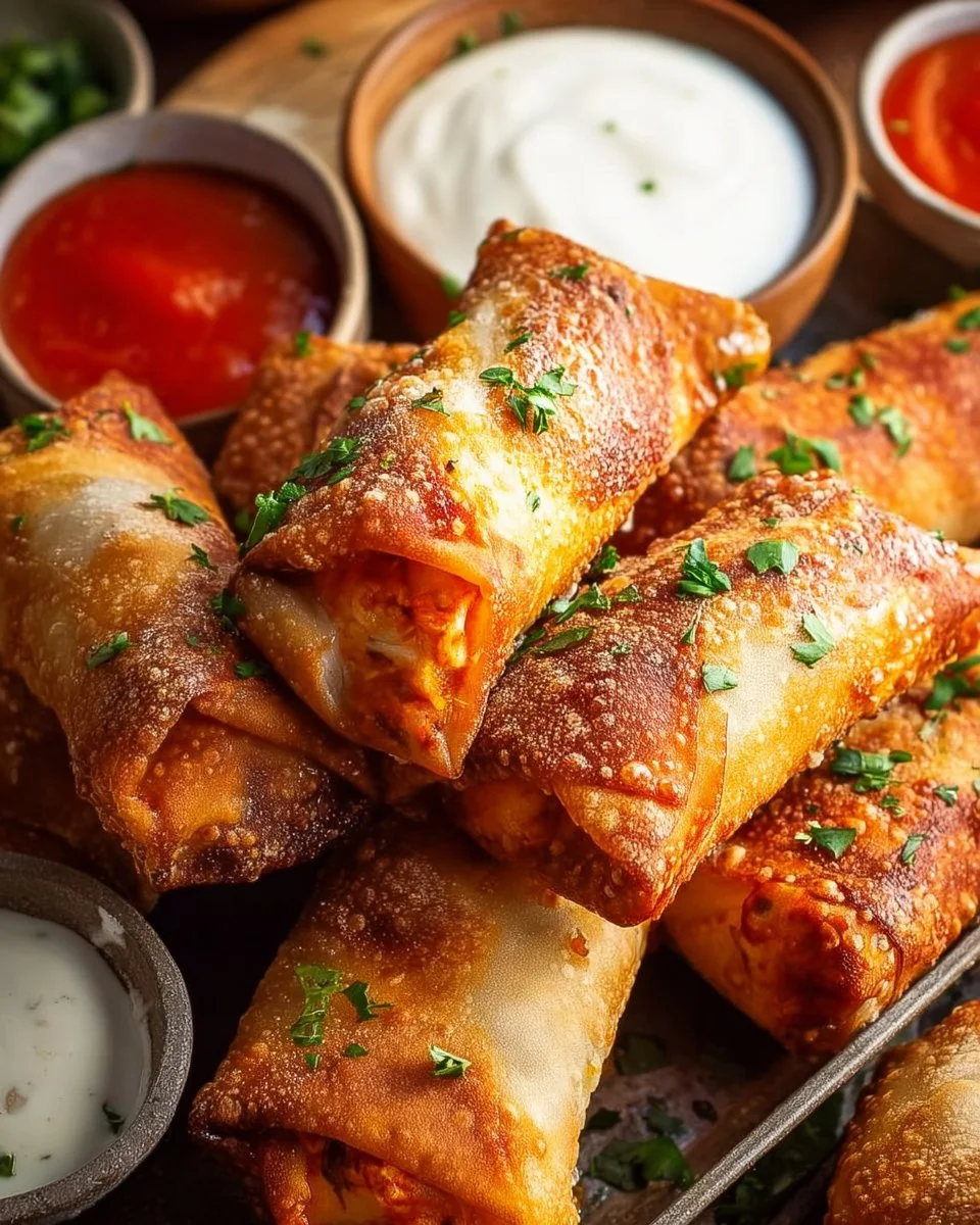 Crispy Buffalo Chicken Egg Rolls served with dipping sauce