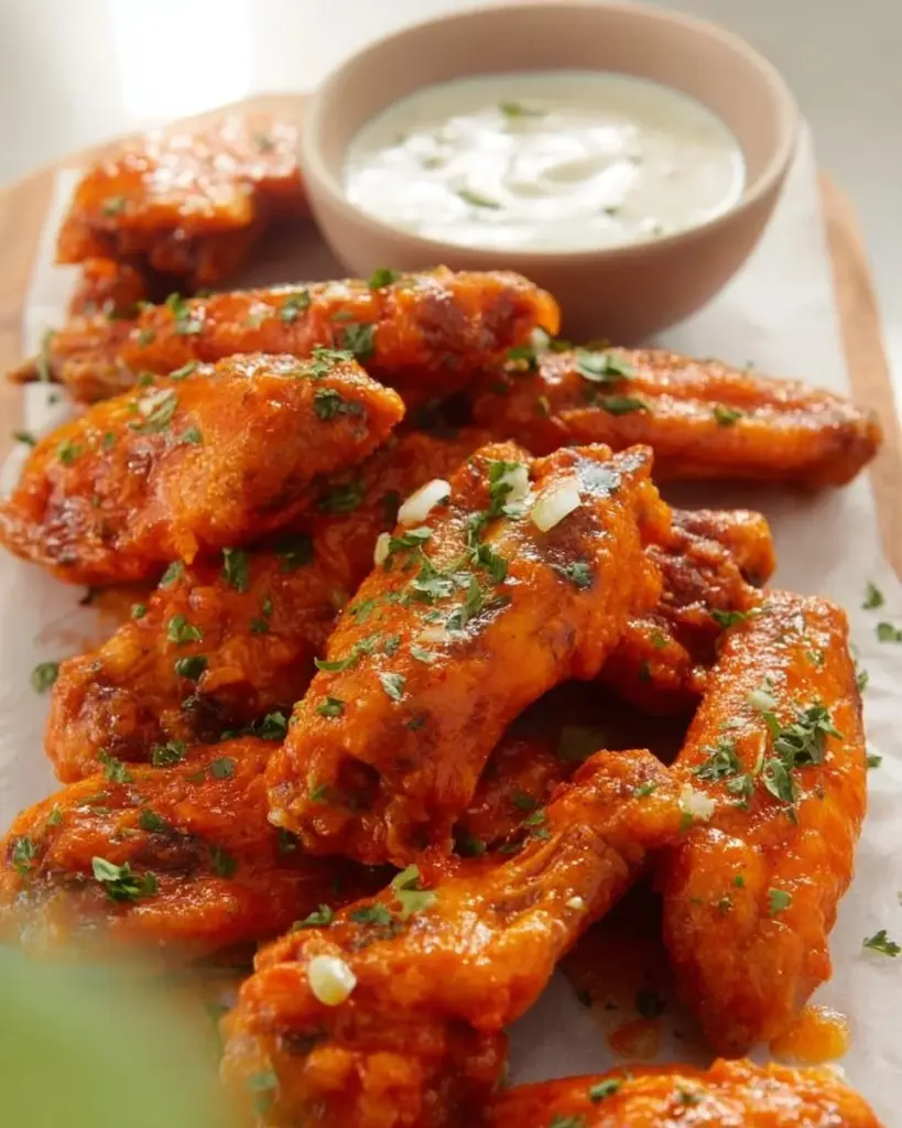Delicious Buffalo Wings served with dipping sauce and celery sticks