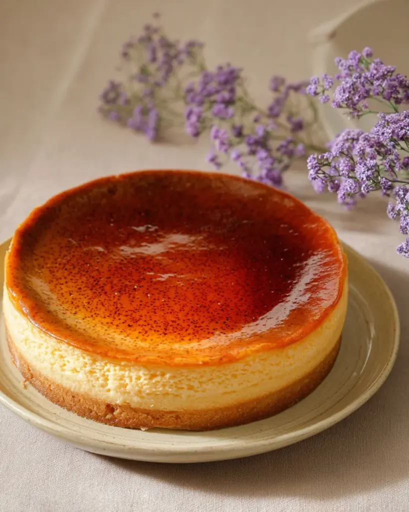 Delicious Burnt Cream Cheesecake with caramelized top and creamy filling.