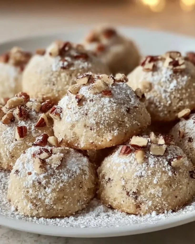 Delicious buttery pecan snowball cookies dusted with powdered sugar