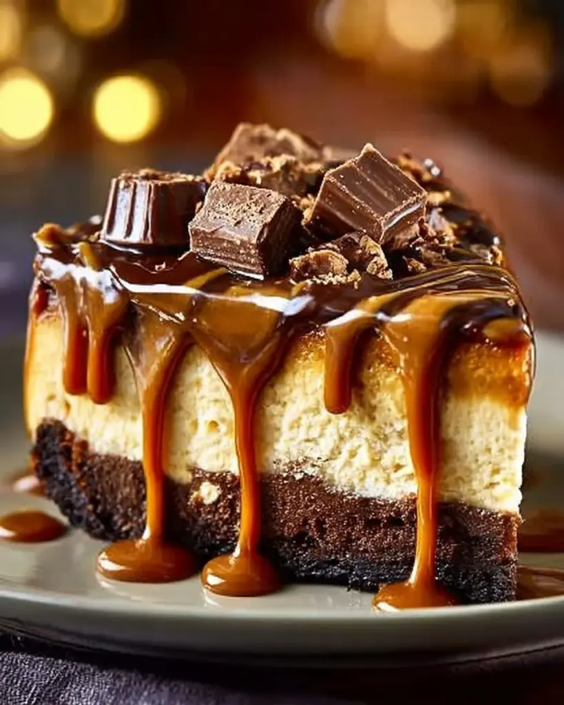Delicious caramel brownie cheesecake topped with chocolate drizzle.