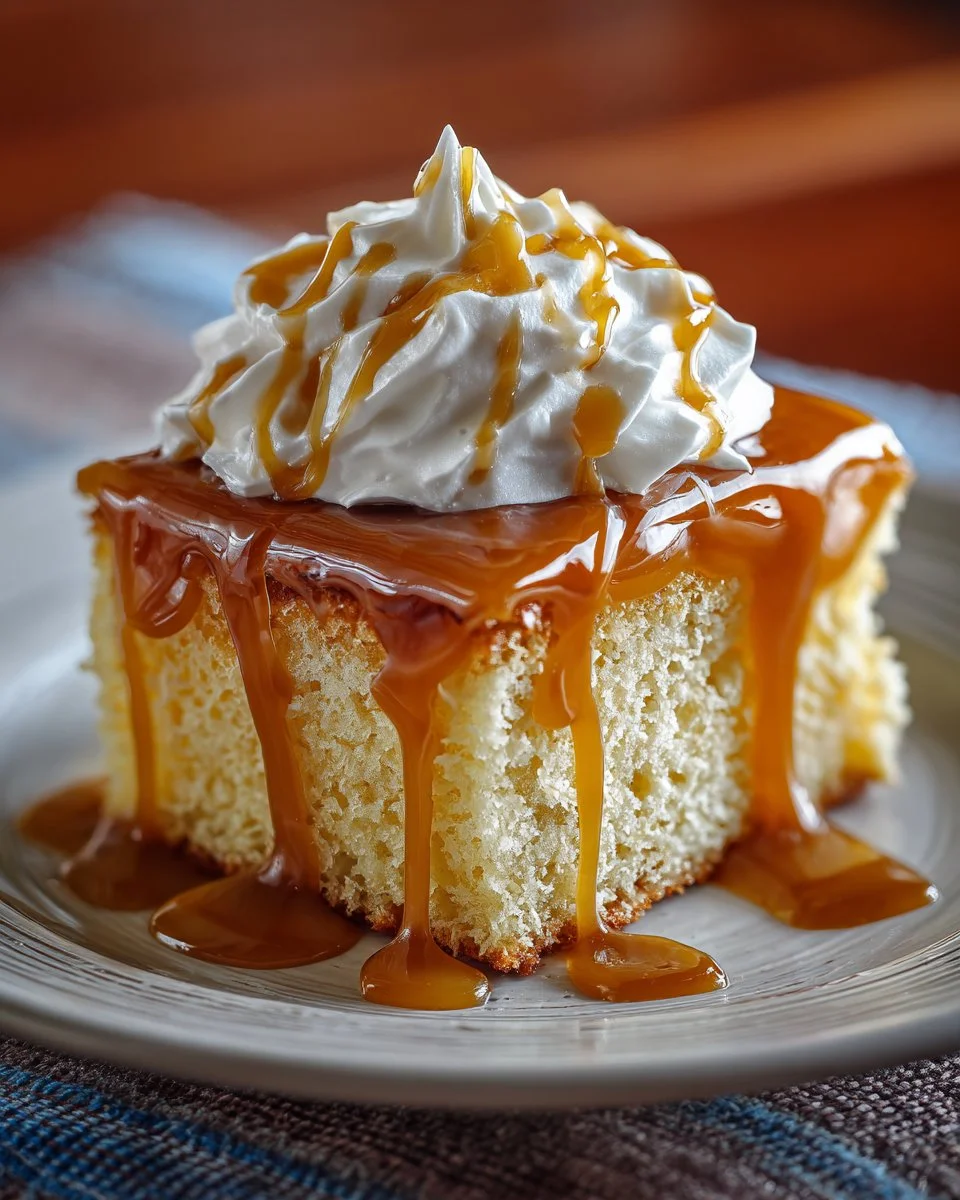 Delicious Caramel Three Milks Cake topped with caramel drizzle