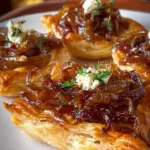 Caramelized onion tarts with goat cheese served on a rustic wooden board.