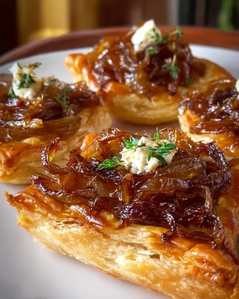 Caramelized onion tarts with goat cheese served on a rustic wooden board.