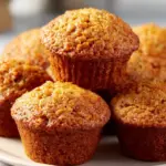 Frosted carrot cake muffins with nuts and raisins on a wooden table.