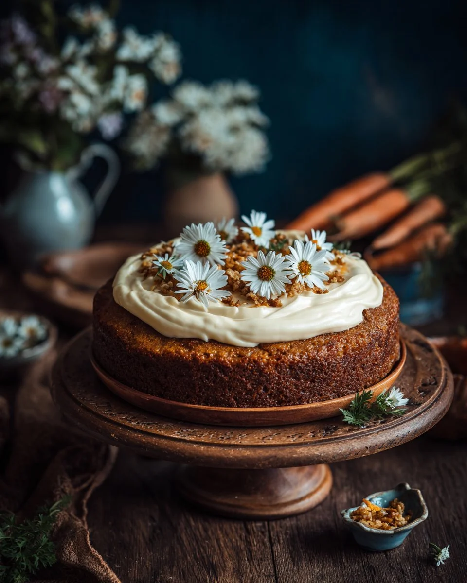 Delicious Carrot Cake Three Milks with cream frosting and fresh carrots