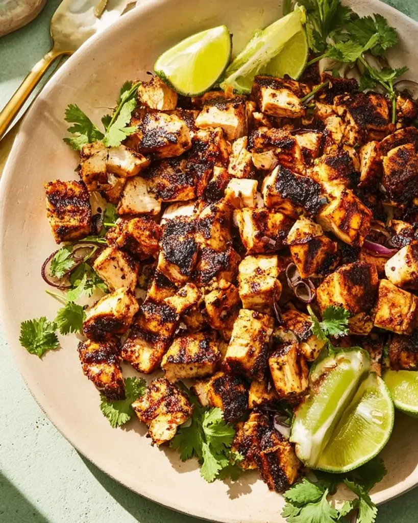 Delicious charred chile-marinated grilled chicken tacos served with fresh toppings