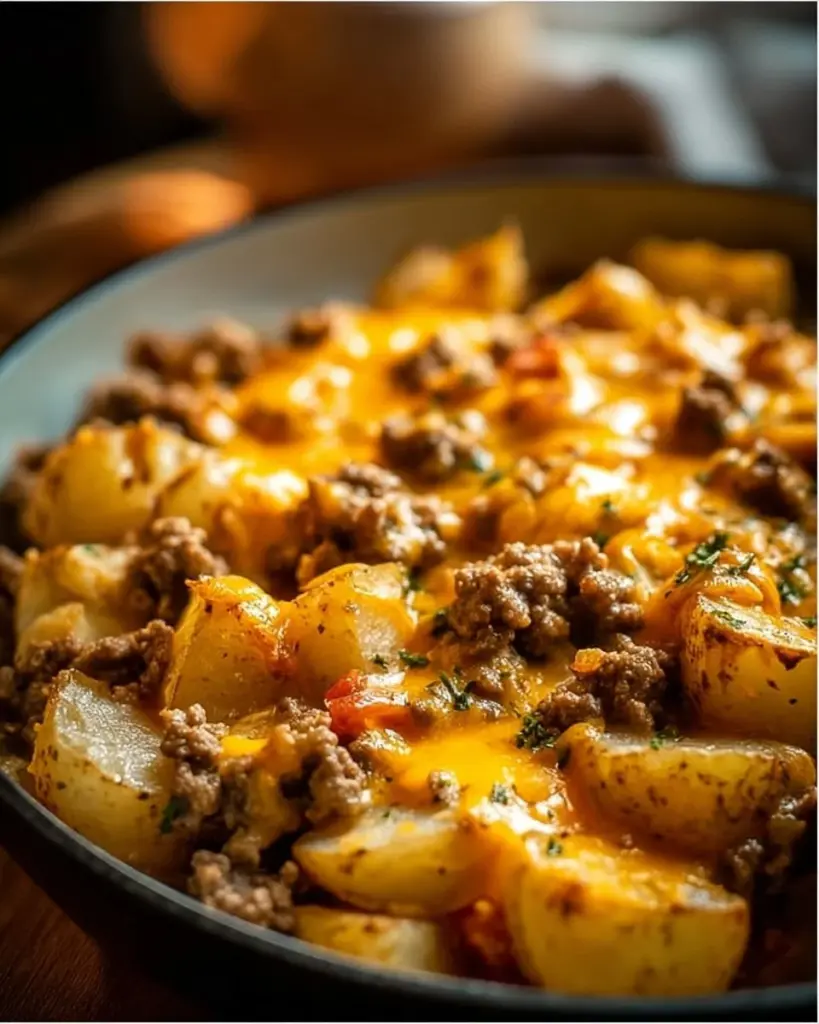 Cheesy Ground Beef and Potato Casserole dish ready to be served