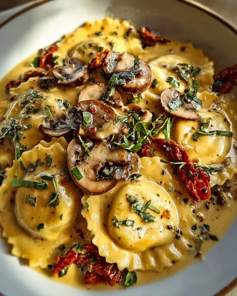 Cheesy Ravioli with spinach, mushrooms, and sun-dried tomatoes served on a plate.