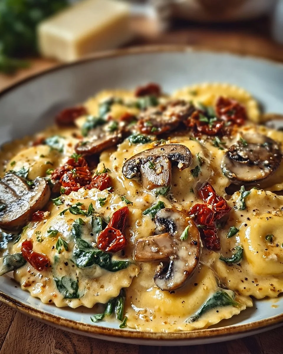 Cheesy Ravioli with Spinach, Mushrooms, and Sun-Dried Tomatoes