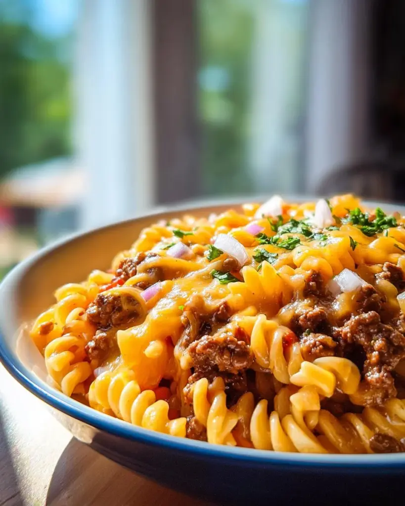 Bowl of cheesy taco pasta topped with cheese and cilantro
