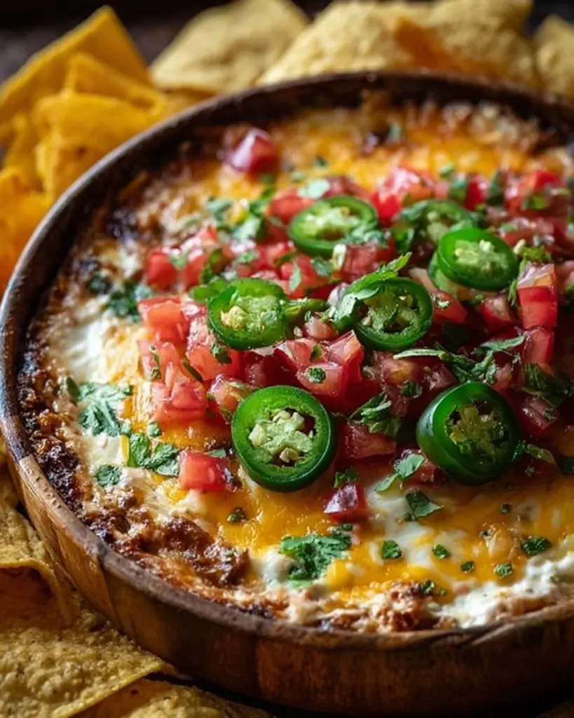 Creamy and cheesy Texas Trash Dip served in a bowl with tortilla chips