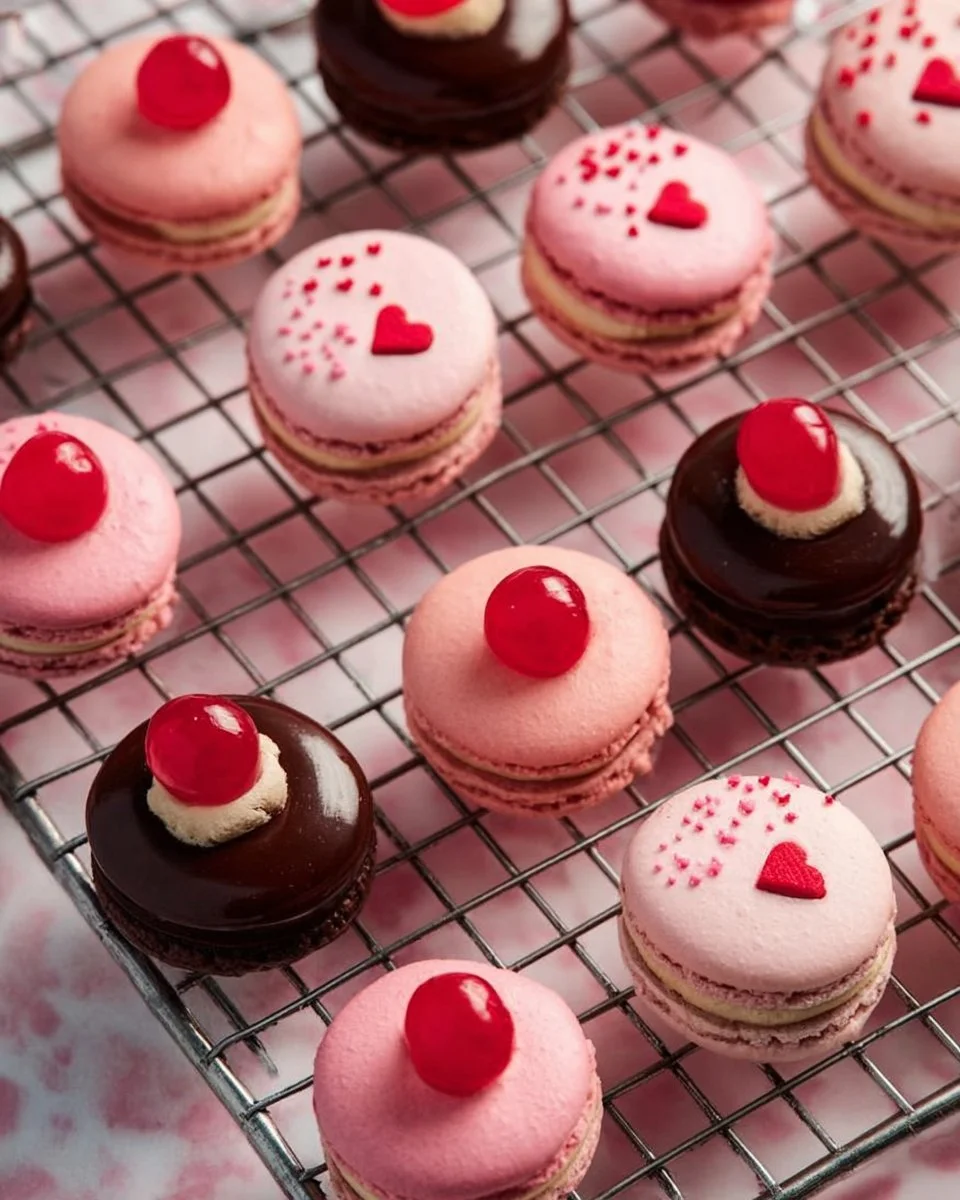 Delicious Cherry Chocolate Macarons with rich chocolate and cherry filling