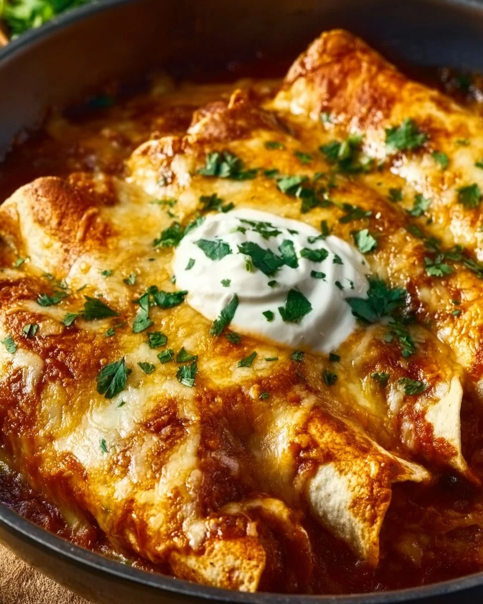 Delicious Chicken Enchiladas topped with cheese and fresh ingredients.
