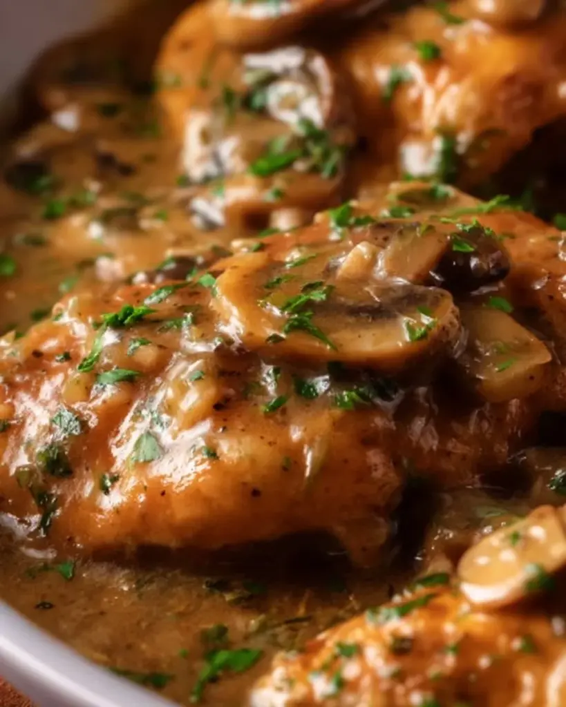 Plate of Chicken Marsala garnished with herbs and served with pasta