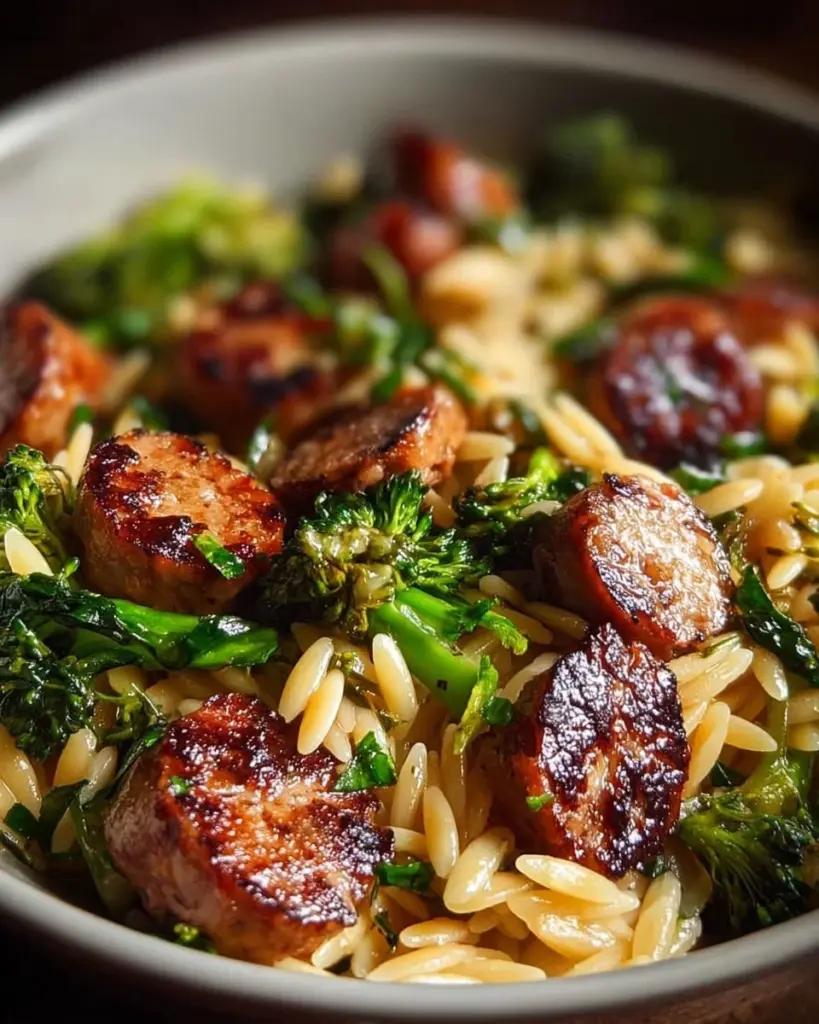 Delicious chicken sausage and broccoli orzo in a flavorful dish