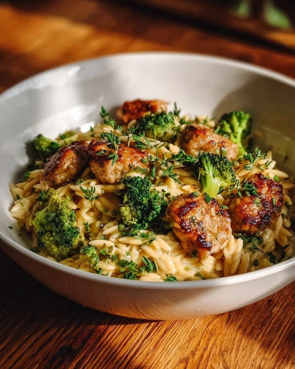Chicken Sausage Broccoli Orzo Skillet, a healthy one-pan dinner recipe