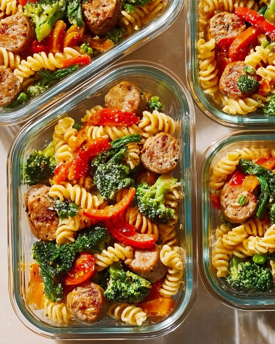Chicken sausage pasta meal prep bowl with veggies and herbs