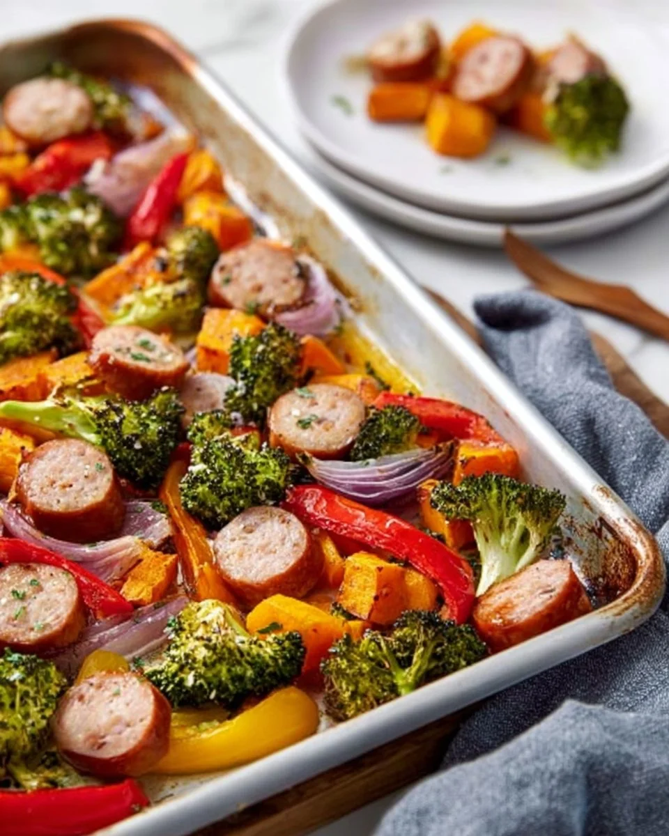 Delicious chicken sausage sheet pan meal with colorful vegetables