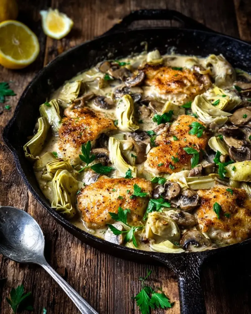 Delicious Chicken Scallopini with Mushrooms and Artichokes served on a plate
