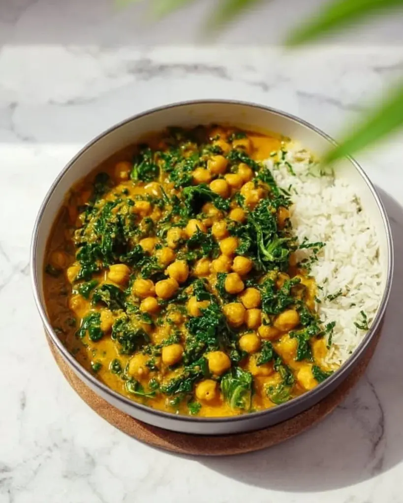 Bowl of delicious chickpea curry garnished with herbs and spices.