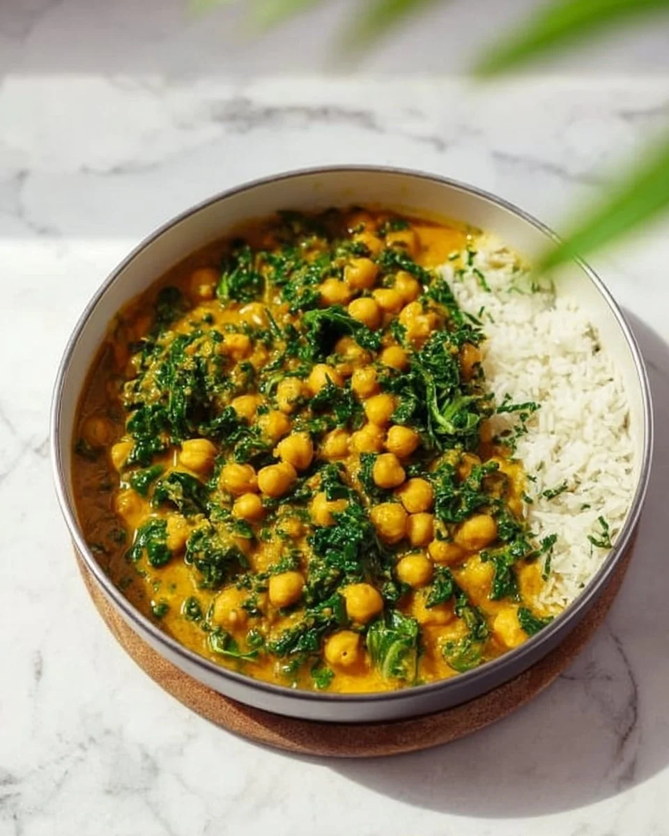 Bowl of delicious chickpea curry garnished with herbs and spices.