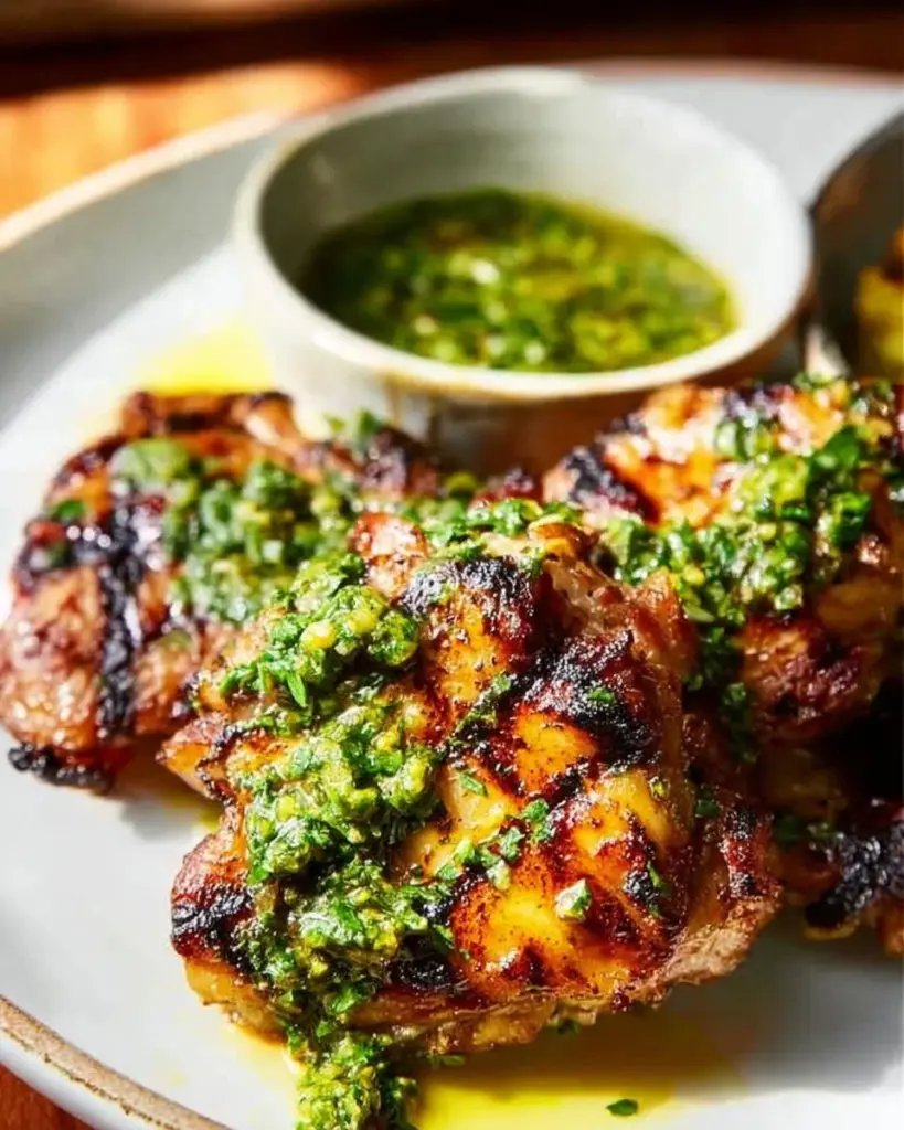 Grilled chimichurri chicken thighs garnished with fresh herbs