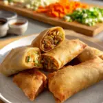 Delicious Chinese egg rolls served on a plate with dipping sauce