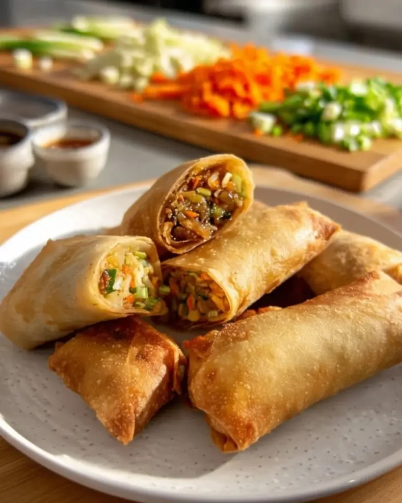 Delicious Chinese egg rolls served on a plate with dipping sauce