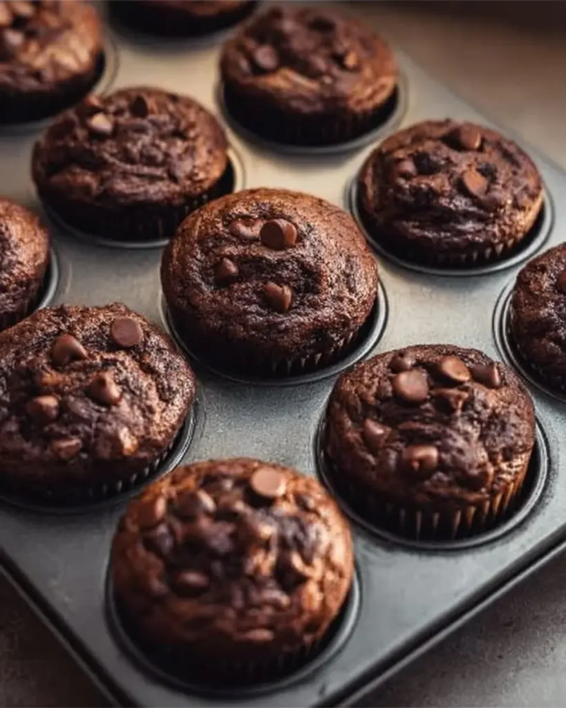 Freshly baked chocolate banana muffins on a cooling rack