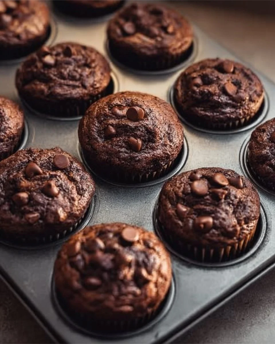 Freshly baked chocolate banana muffins on a cooling rack