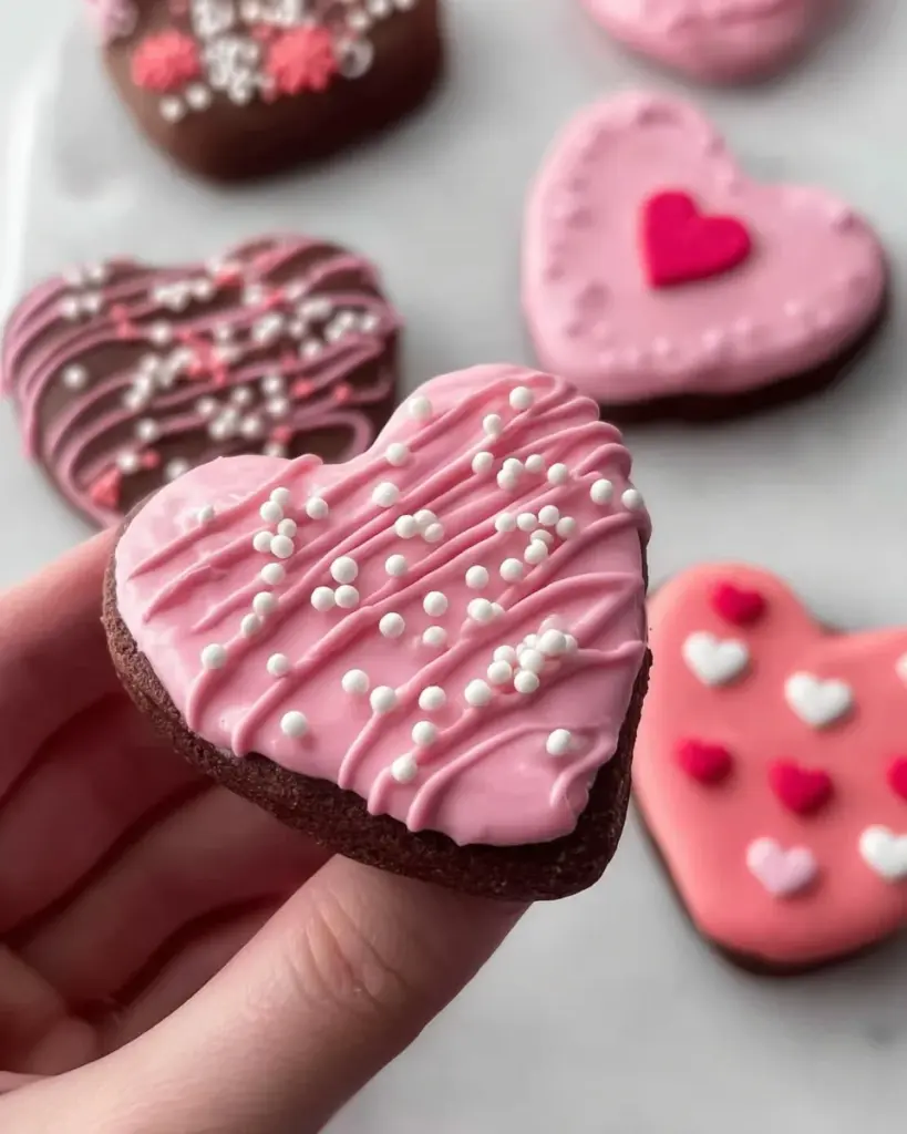 Chocolate dipped heart brownies decorated for Valentine's Day