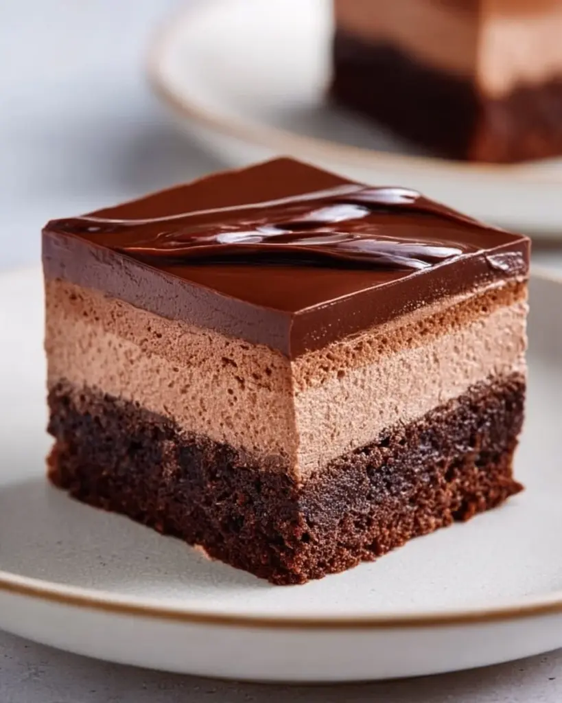 Delicious Chocolate Mousse Brownies topped with creamy mousse layer