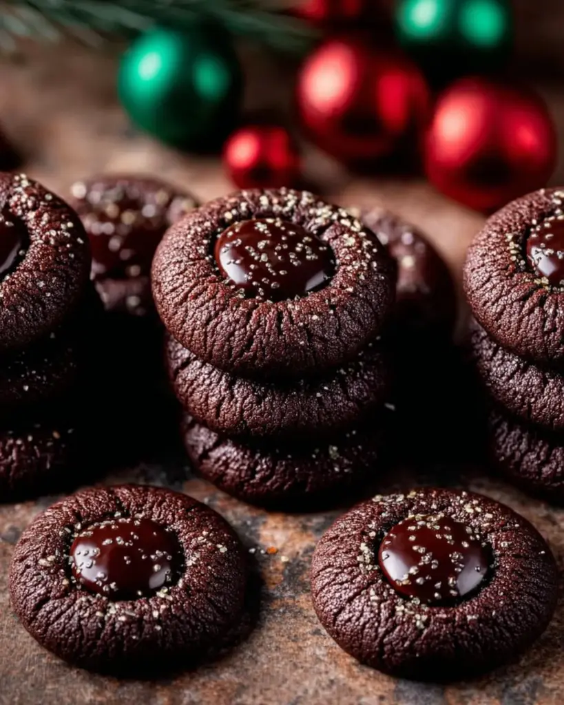 Deliciously baked Chocolate Thumbprint Cookies with chocolate filling